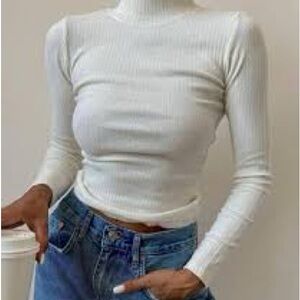 Free People White Ribbed Turtleneck Top